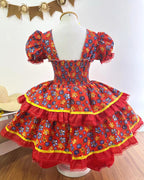Vestido de Festa Junina Infantil Luxo Rosa com Tule e Fitinhas