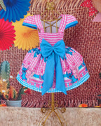 Vestido de Festa Junina Infantil Luxo Rosa com Tule e Fitinhas