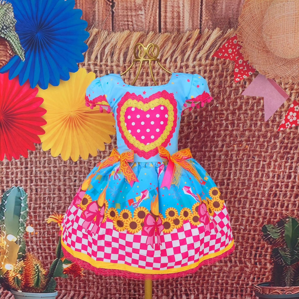 Vestido de Festa Junina Infantil Luxo Rosa com Tule e Fitinhas