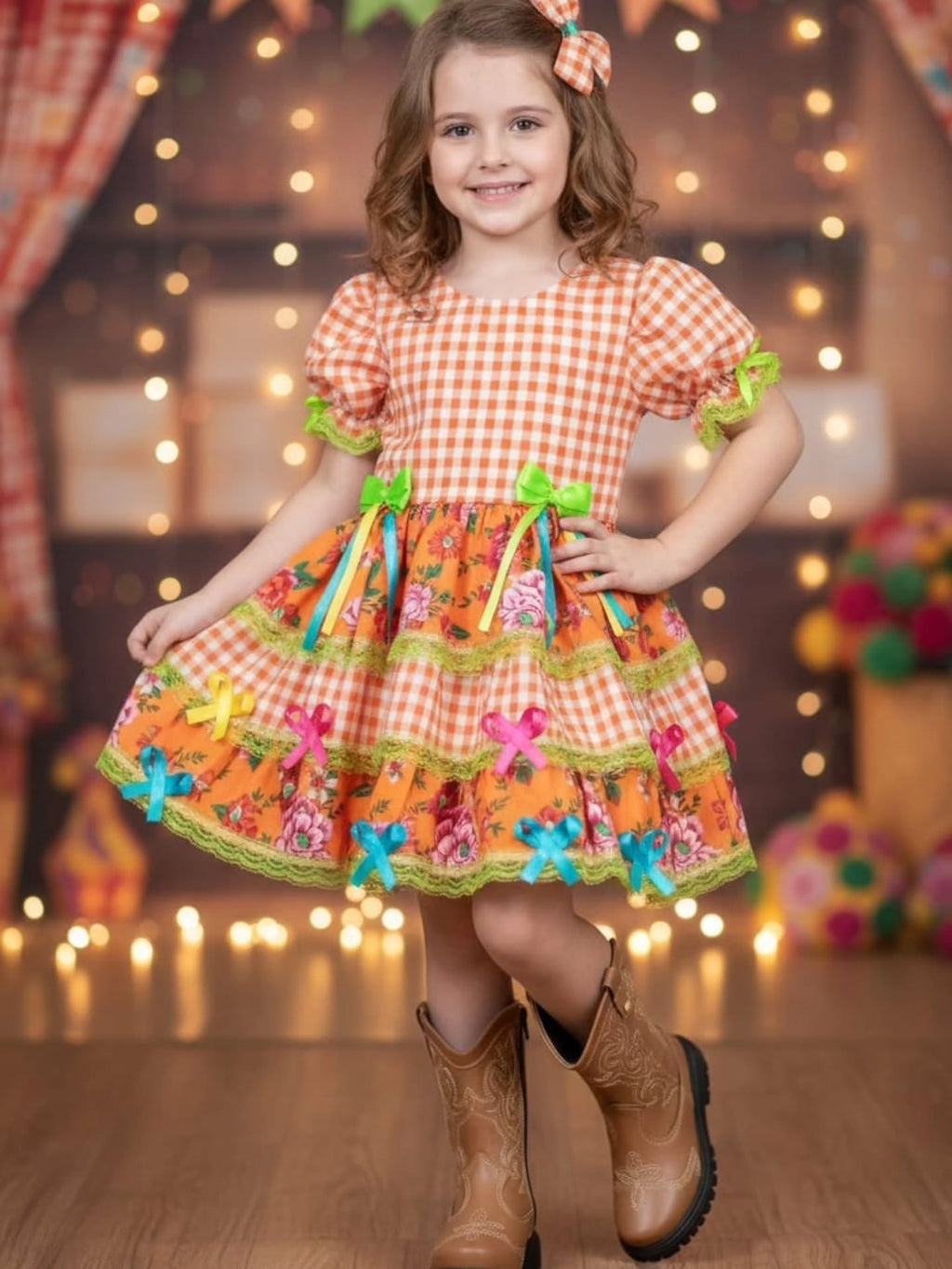 Vestido de Festa Junina Infantil Luxo Rosa com Tule e Fitinhas