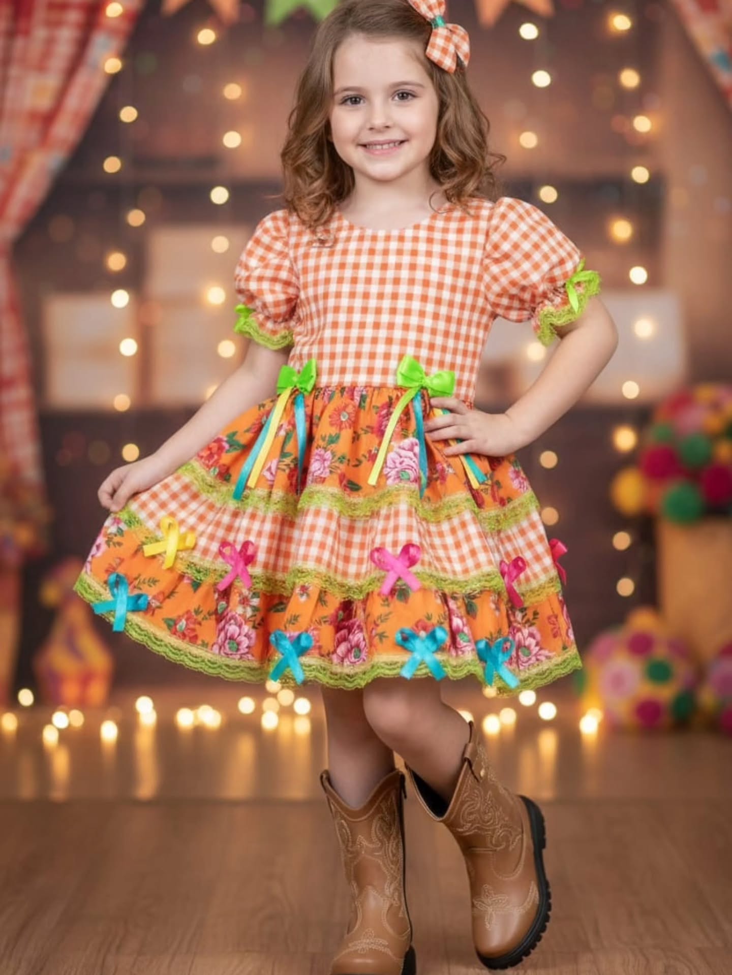 Vestido de Festa Junina Infantil Luxo Rosa com Tule e Fitinhas