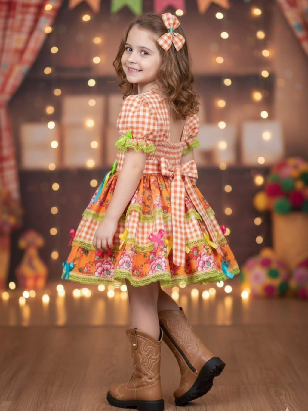 Vestido de Festa Junina Infantil Luxo Rosa com Tule e Fitinhas