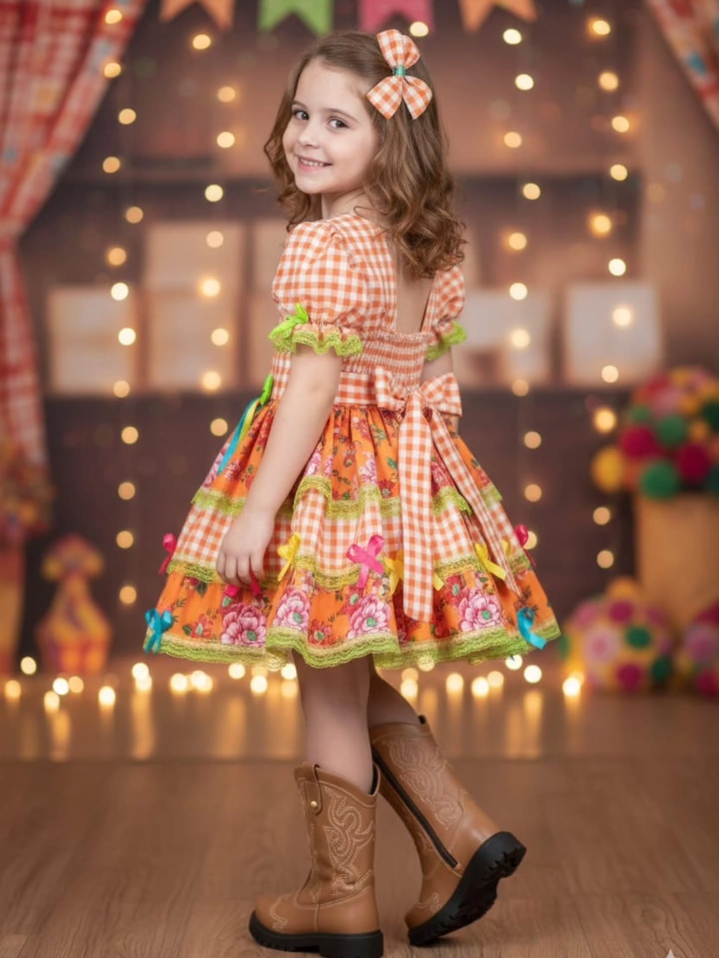 Vestido de Festa Junina Infantil Luxo Rosa com Tule e Fitinhas
