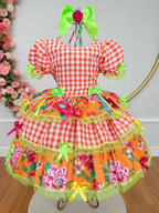 Vestido de Festa Junina Infantil Luxo Rosa com Tule e Fitinhas