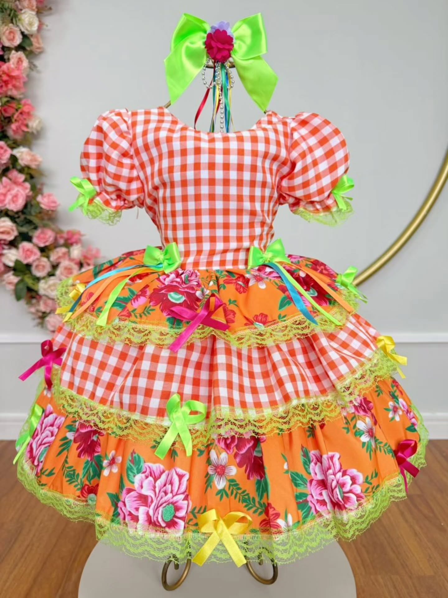 Vestido de Festa Junina Infantil Luxo Rosa com Tule e Fitinhas