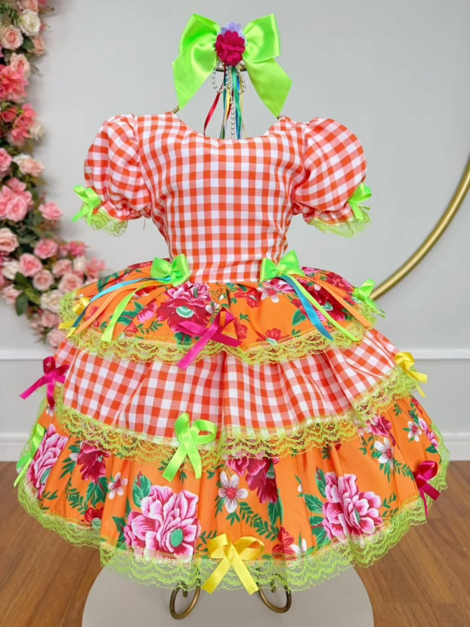 Vestido de Festa Junina Infantil Luxo Rosa com Tule e Fitinhas