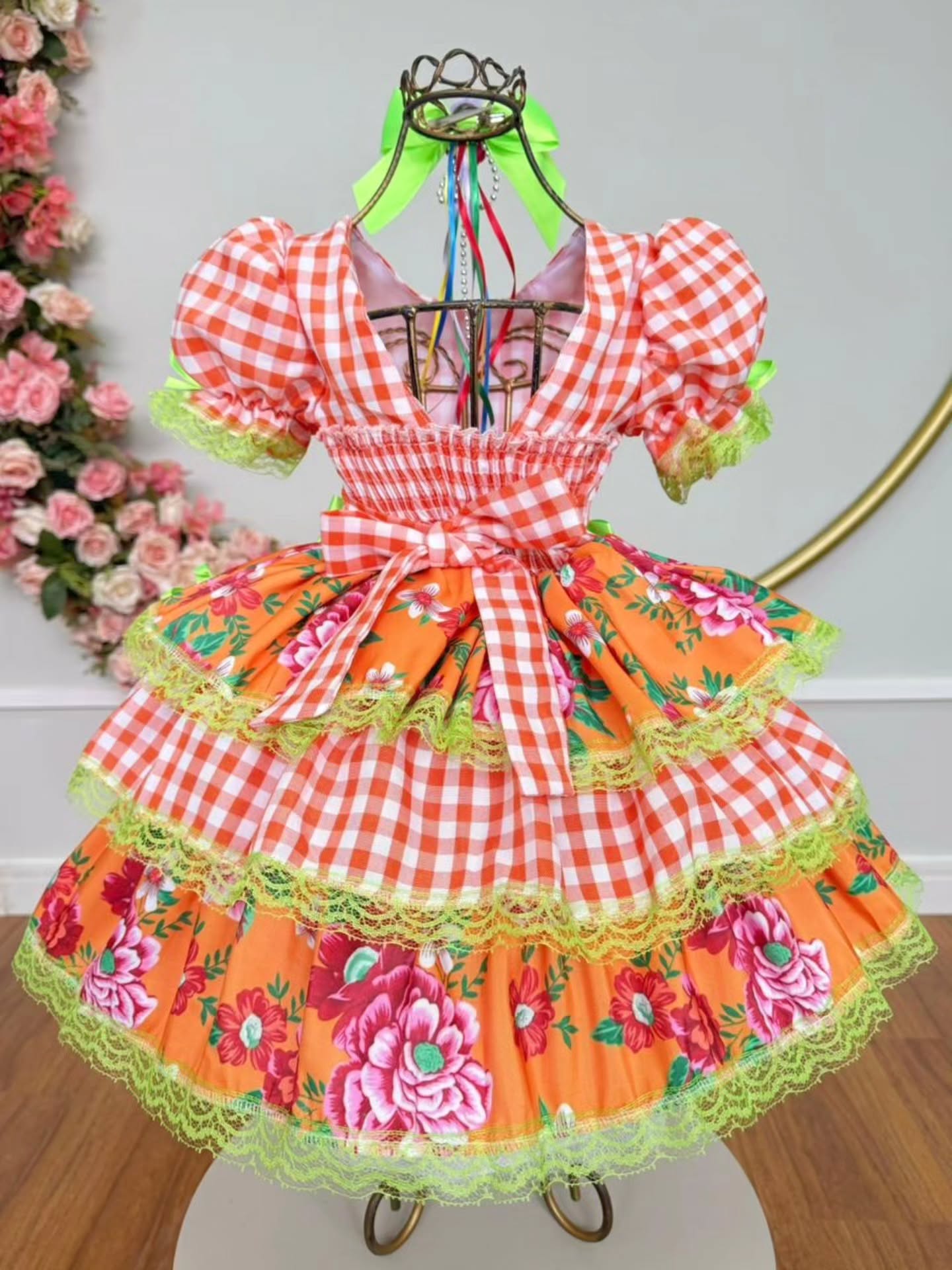 Vestido de Festa Junina Infantil Luxo Rosa com Tule e Fitinhas